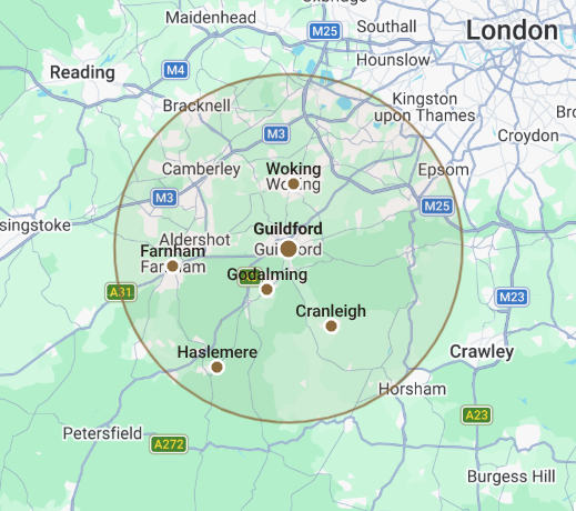 Map showing our coverage area across Farnborough, Aldershot, Fleet, Camberley, Frimley and Farnham in Hampshire